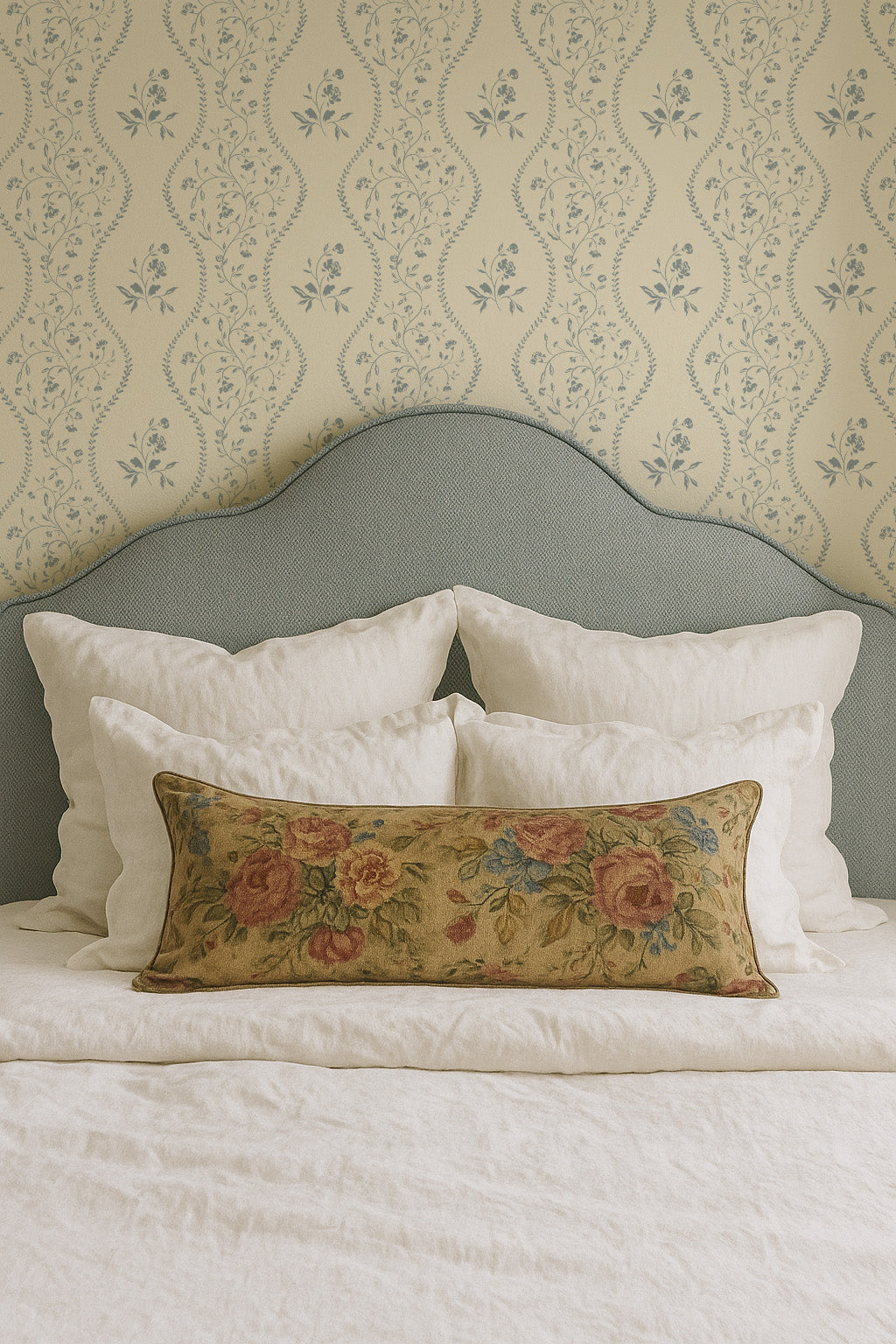 Decorative pillows on a bed with floral wallpaper