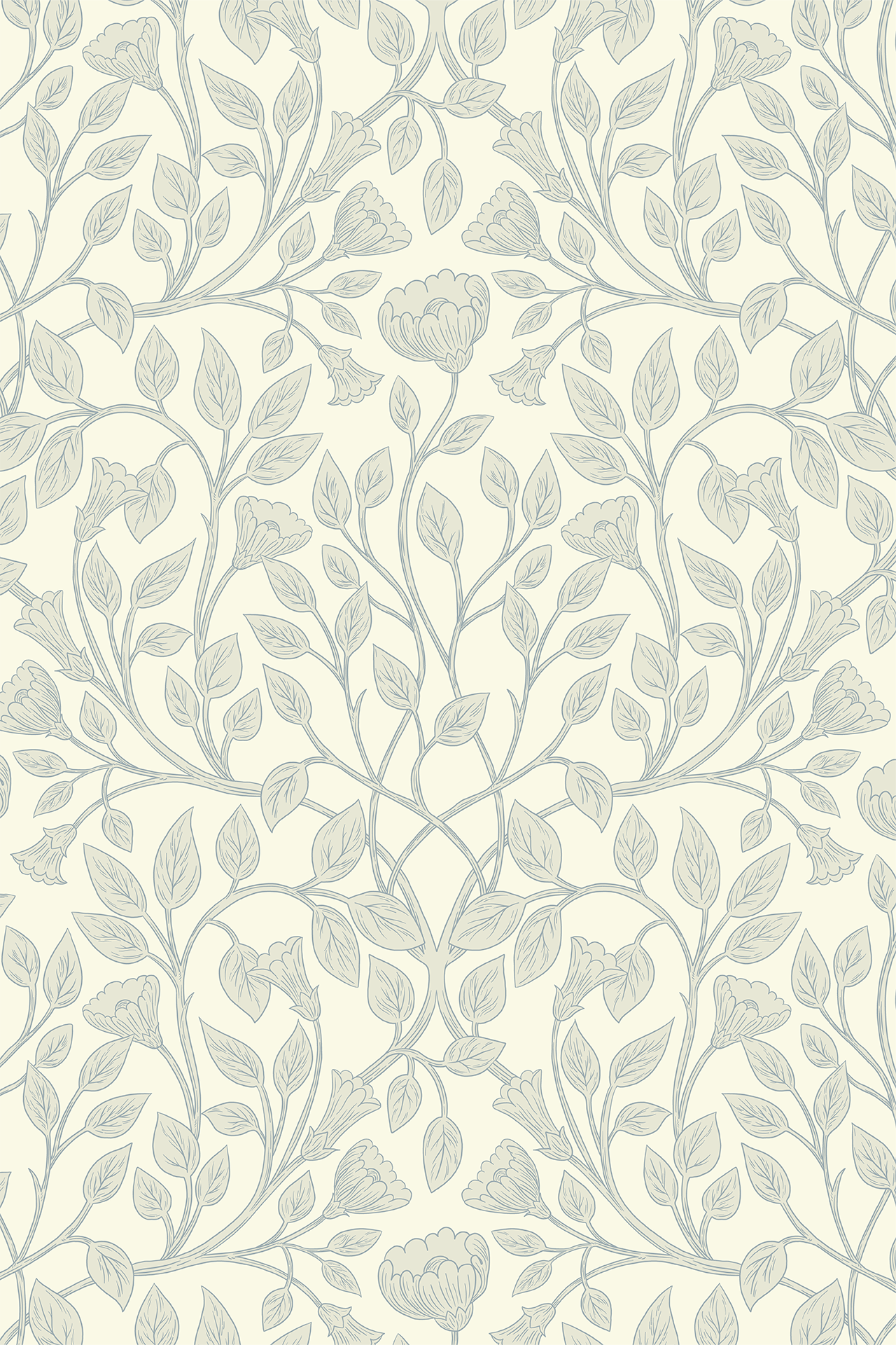 Floral patterned wallpaper with leaves and flowers on a light background